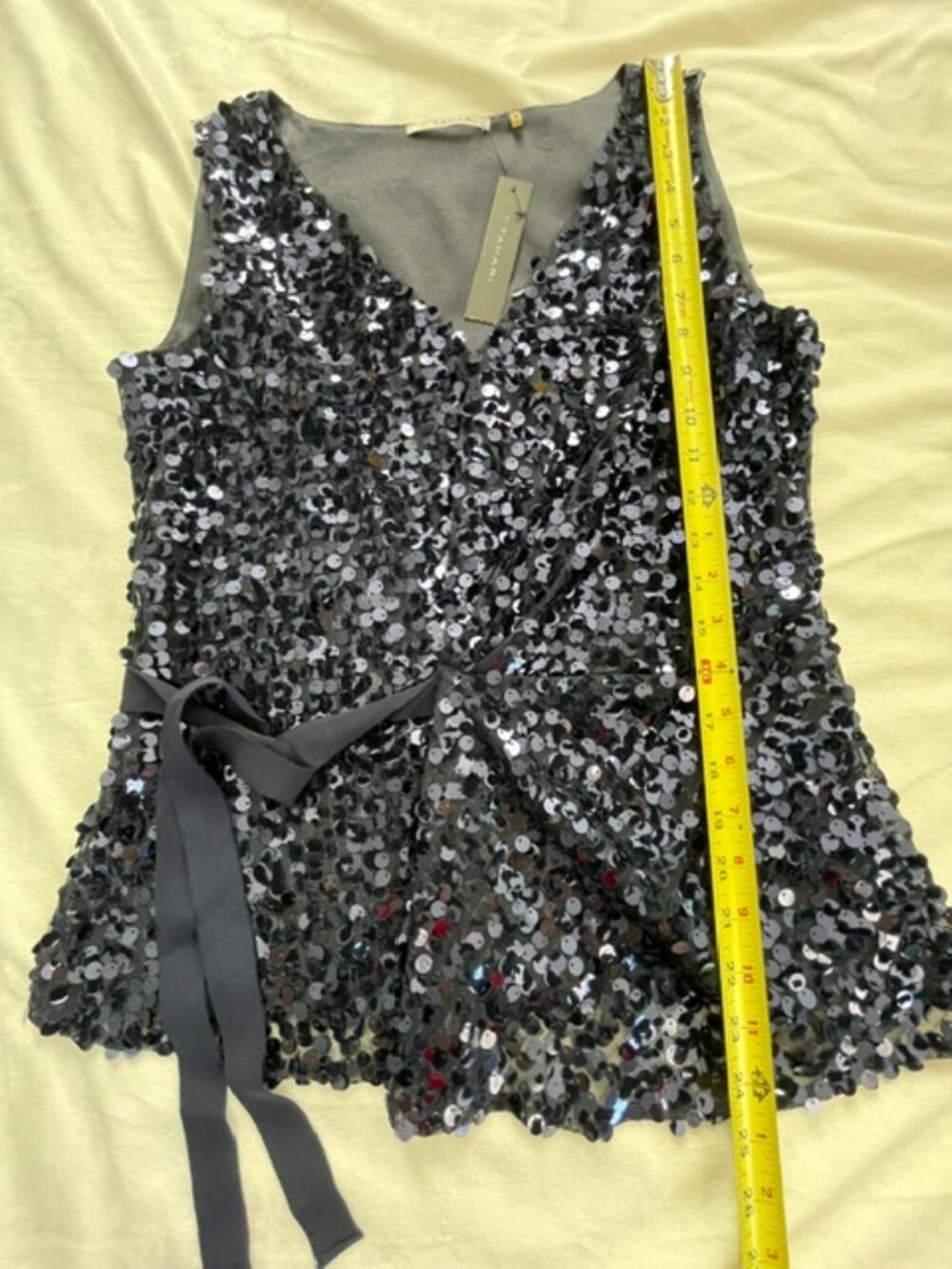 T Tahari Sleeveless Top Women's Sequined V-Neck Tie Accents, Blue Sequins,Size S - Picture 5 of 7